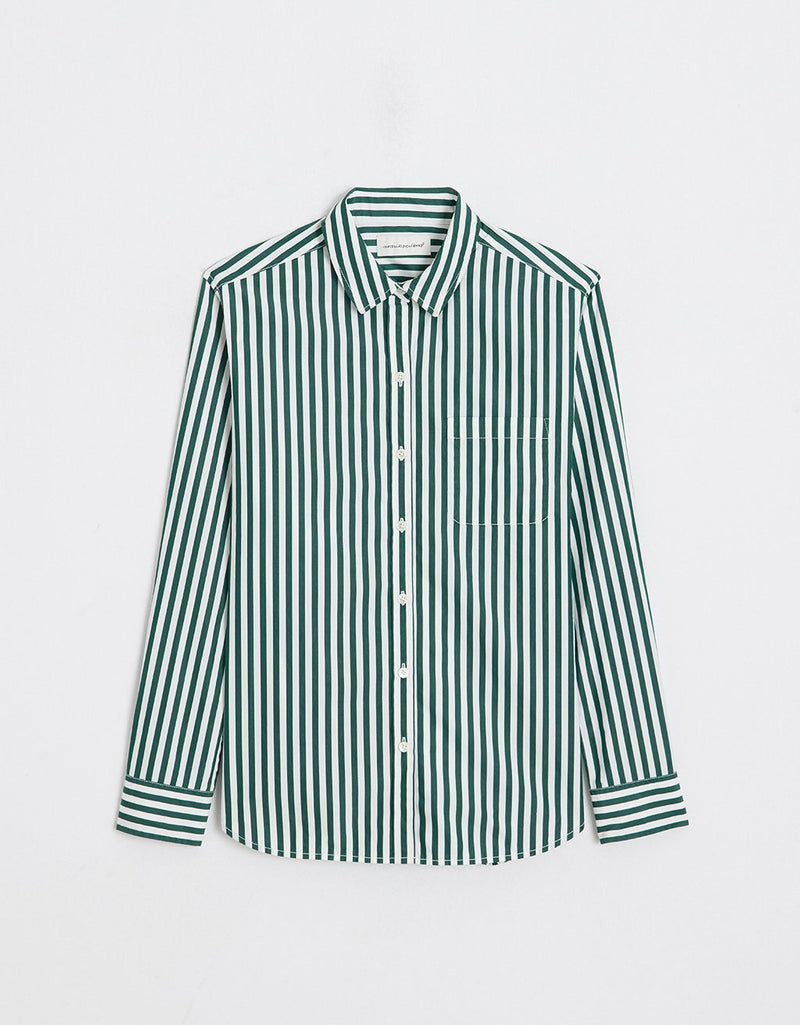 Green and white striped shirt on a light gray background