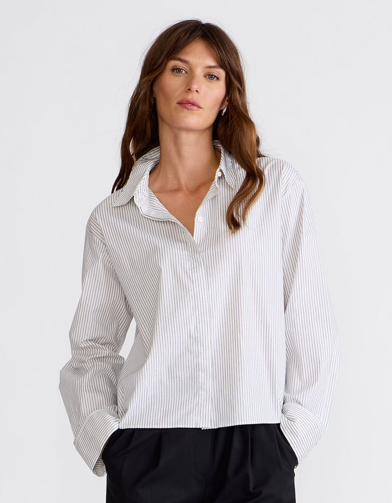 Unsubscribed Mini Boyfriend Shirt in White Shimmer Stripe