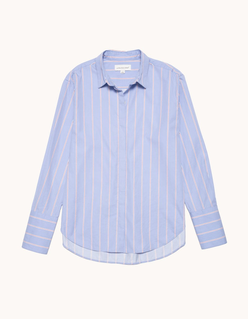 Light blue button down shirt with red and white stripes on a light gray background