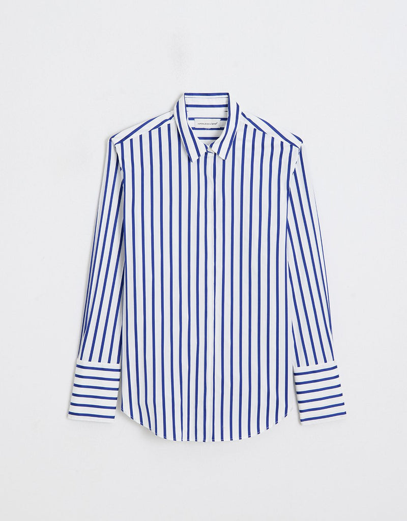 Cobalt blue and white striped button down shirt on a light gray background