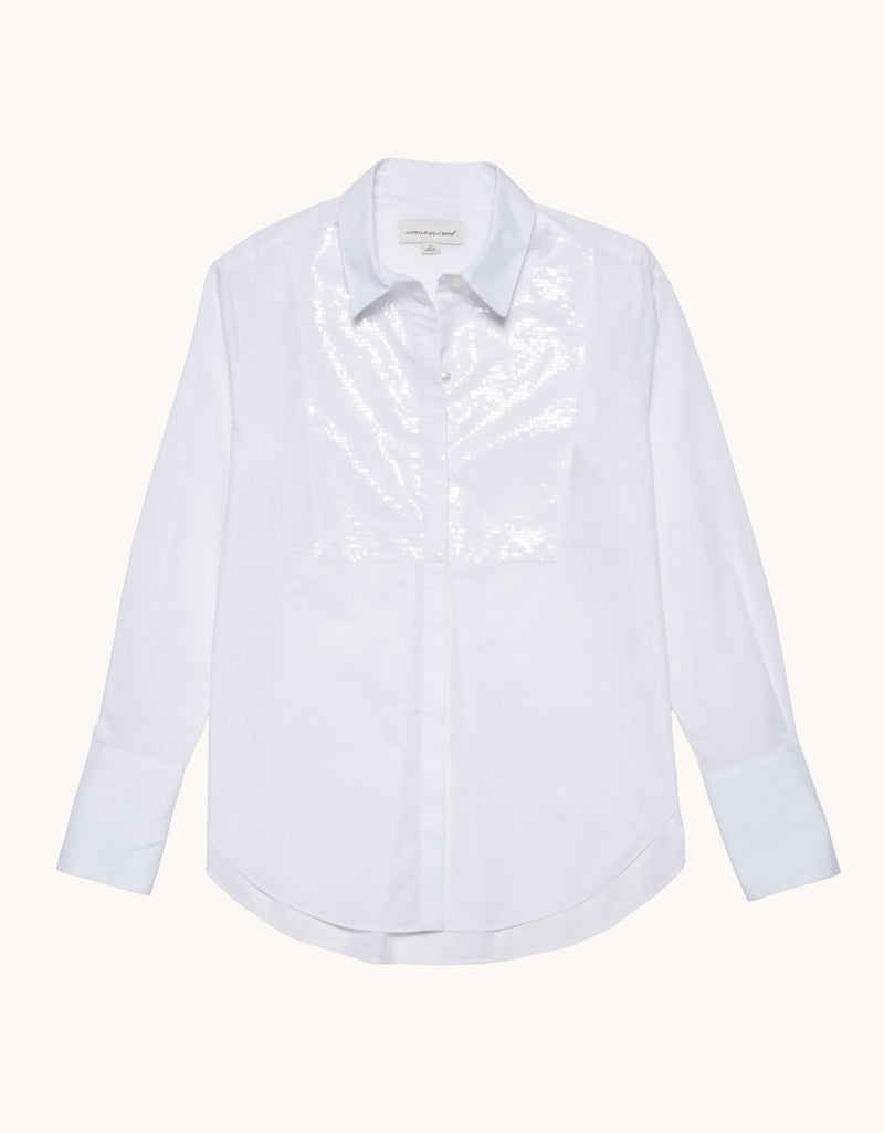 White shirt with a collar and sequin bib detail on a white background