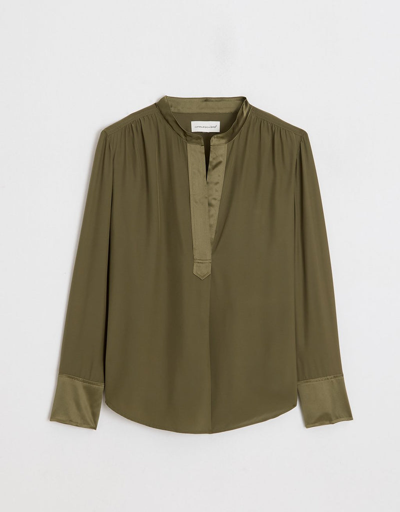 Olive silk blouse with long sleeves on a white background