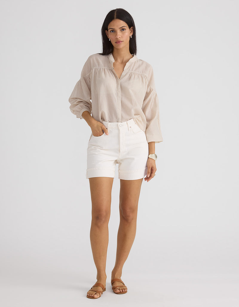 Unsubscribed Shimmer Shirred Button Down Shirt