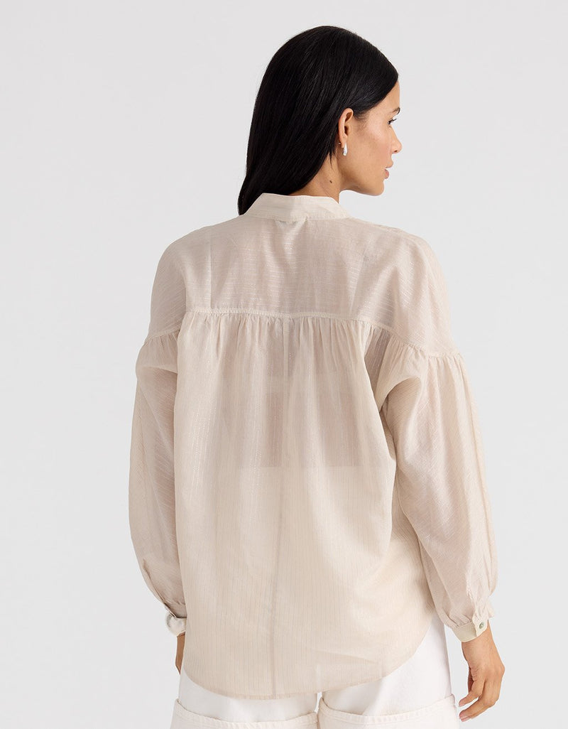 Unsubscribed Shimmer Shirred Button Down Shirt