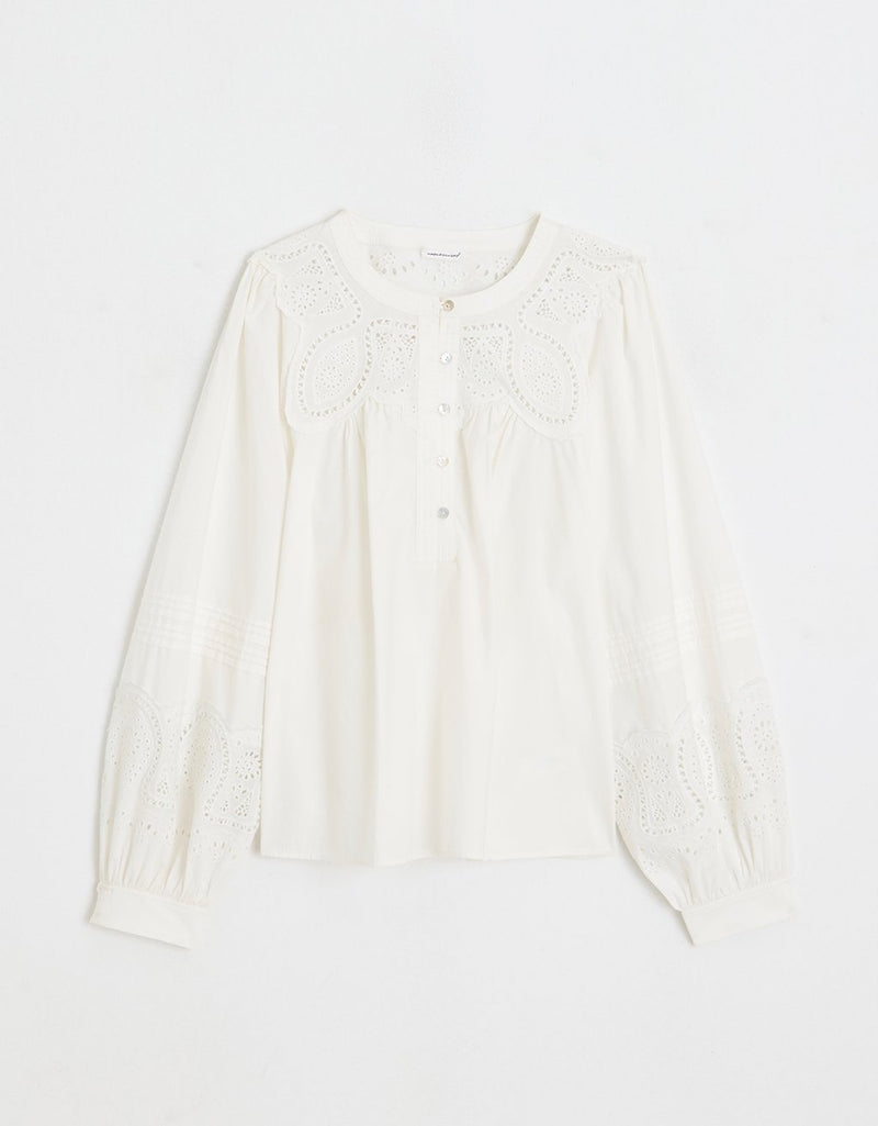White embroidered poplin blouse with long sleeves on a white background