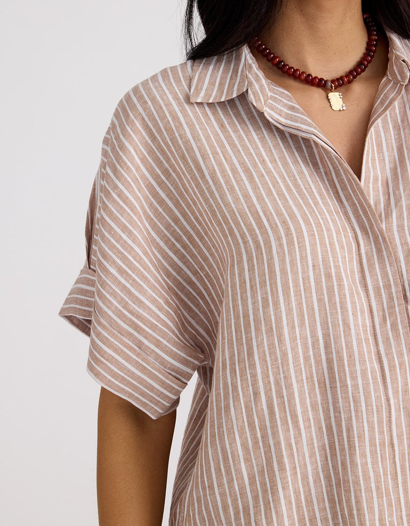 Unsubscribed Rolled Sleeve Shirt in Linen Stripe