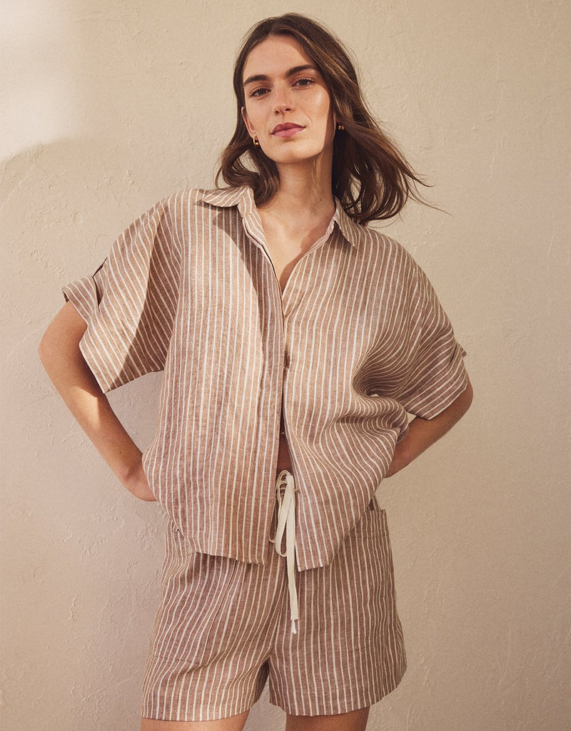Unsubscribed Rolled Sleeve Shirt in Linen Stripe
