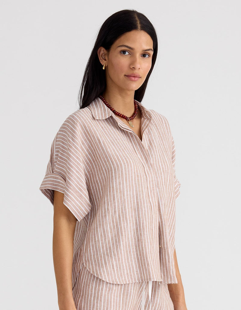 Unsubscribed Rolled Sleeve Shirt in Linen Stripe