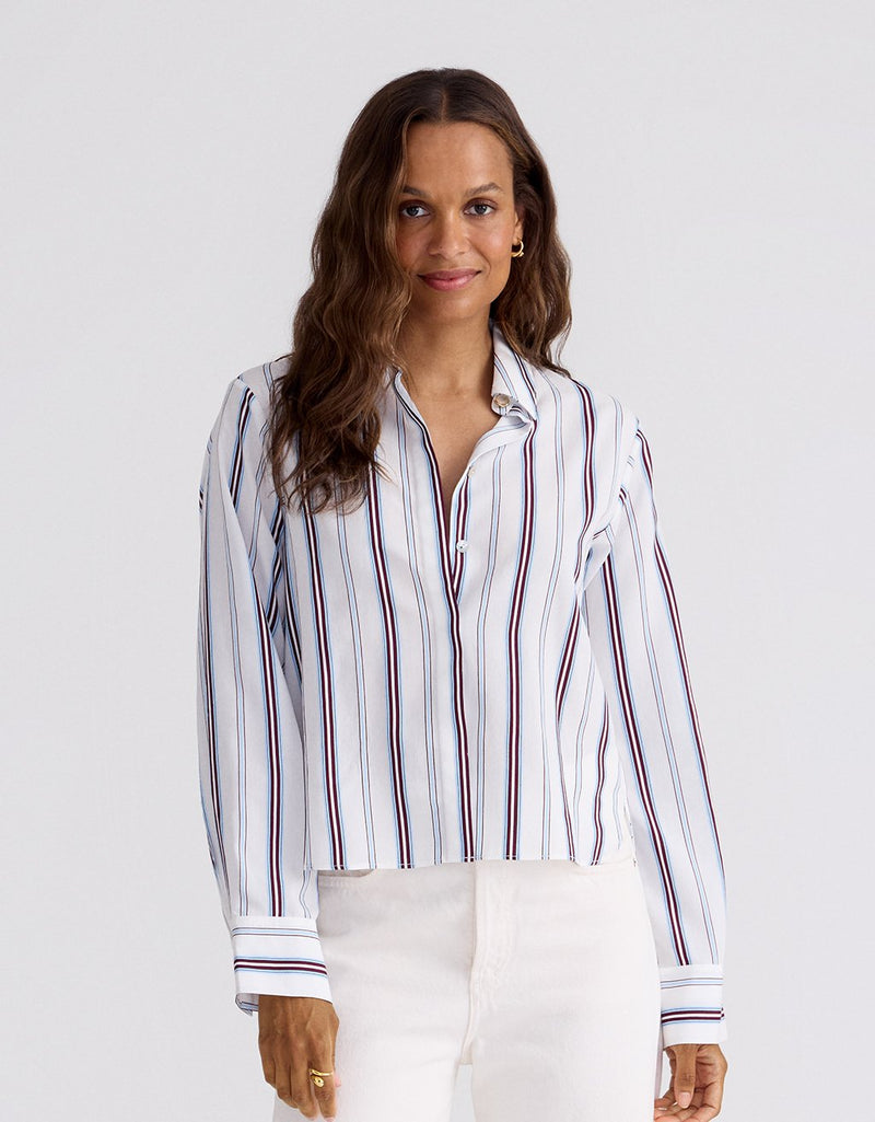 Unsubscribed Mini Boyfriend Shirt in Blue/Burgundy Stripe