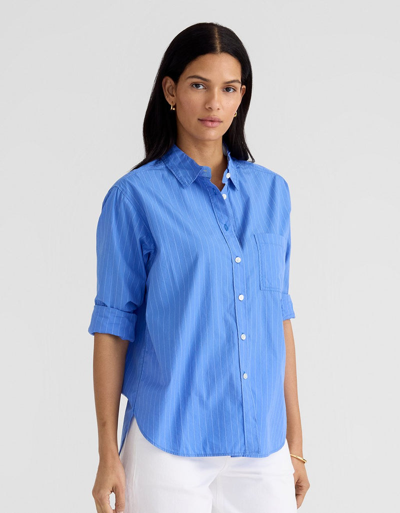 Unsubscribed Classic Boyfriend Shirt in Blue Pinstripe