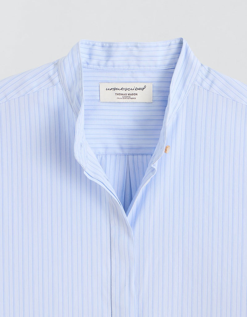 Unsubscribed Ruffle Boyfriend Shirt in Thomas Mason® Blue Stripe