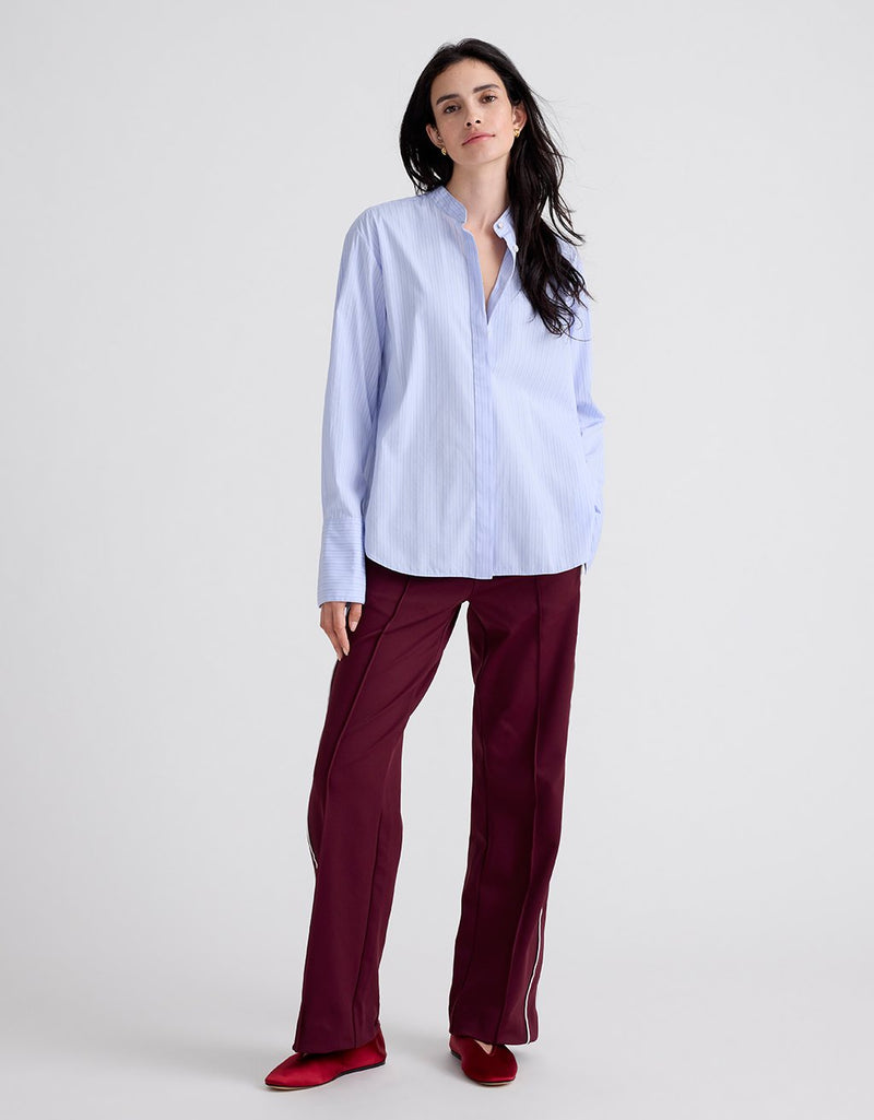 Unsubscribed Banded Collar Boyfriend Shirt in Thomas Mason® Blue Stripe
