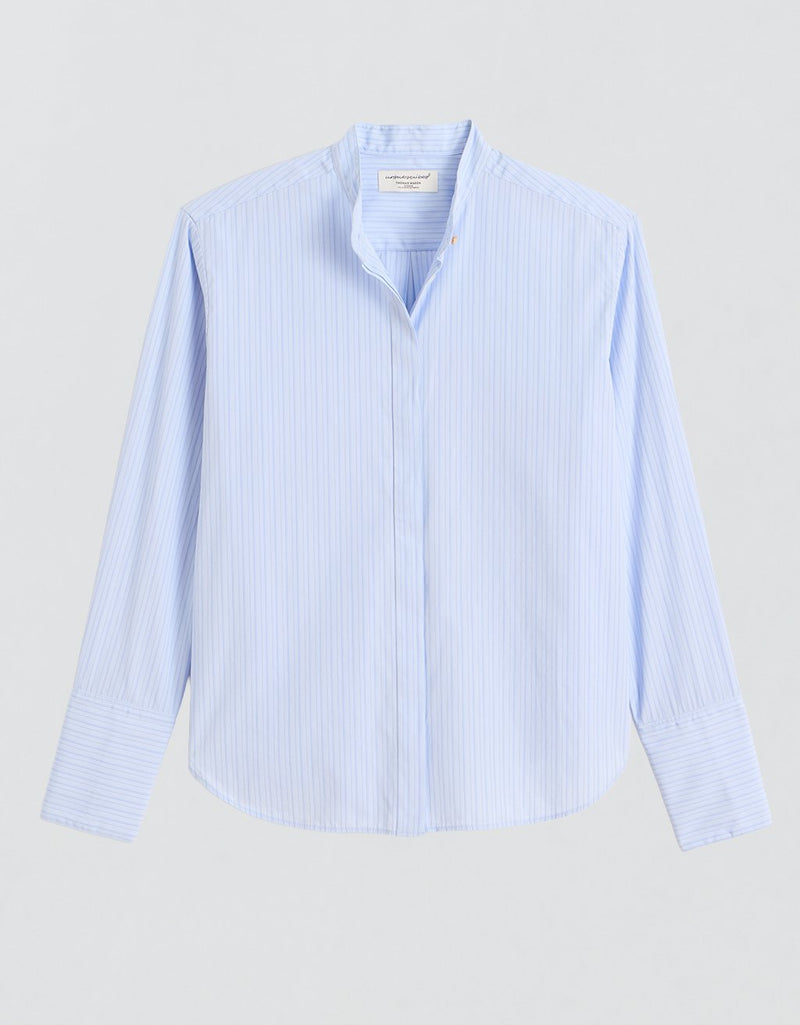 Unsubscribed Ruffle Boyfriend Shirt in Thomas Mason® Blue Stripe