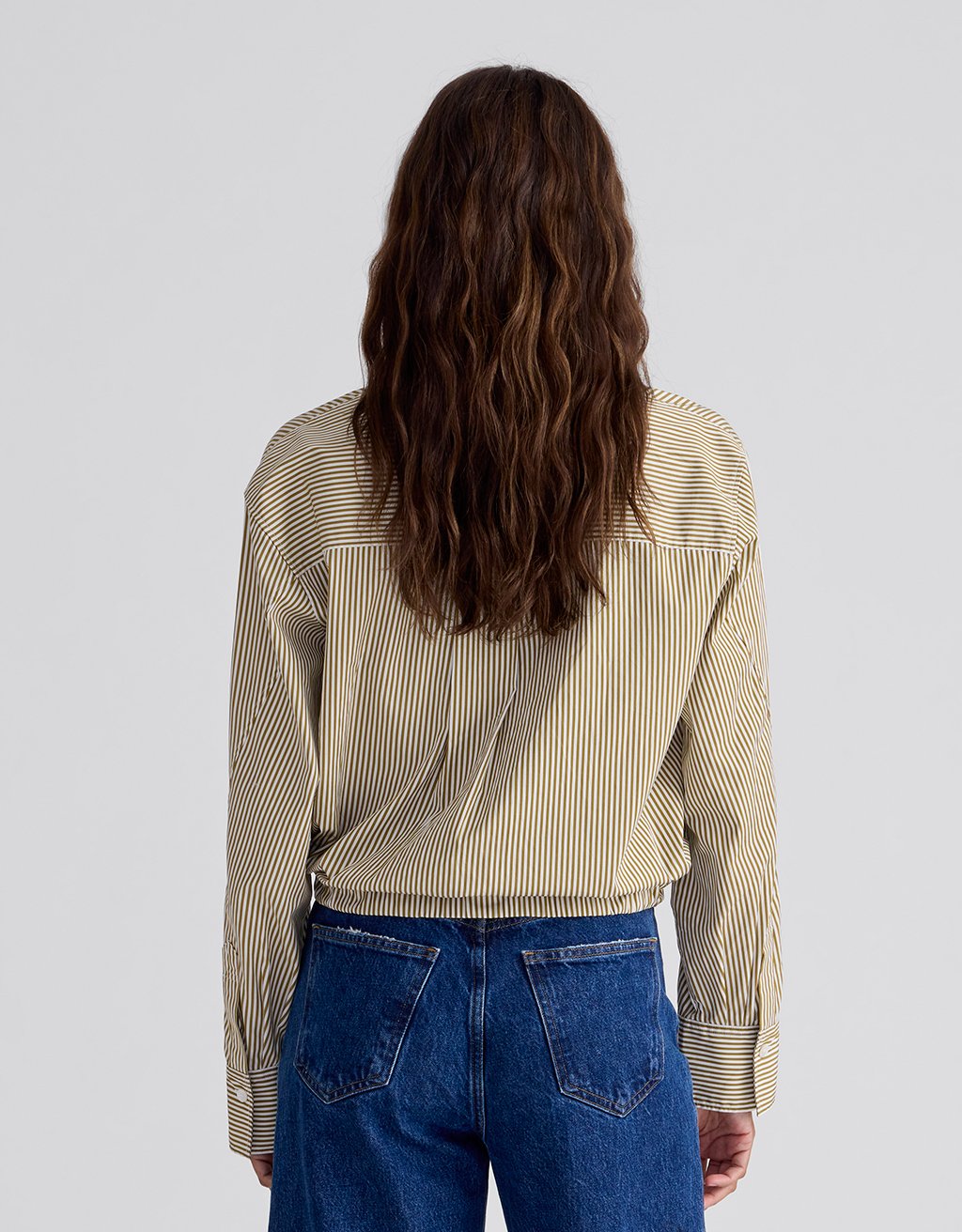 Unsubscribed Drawstring Hem Shirt in Thomas Mason™ Green Stripe in