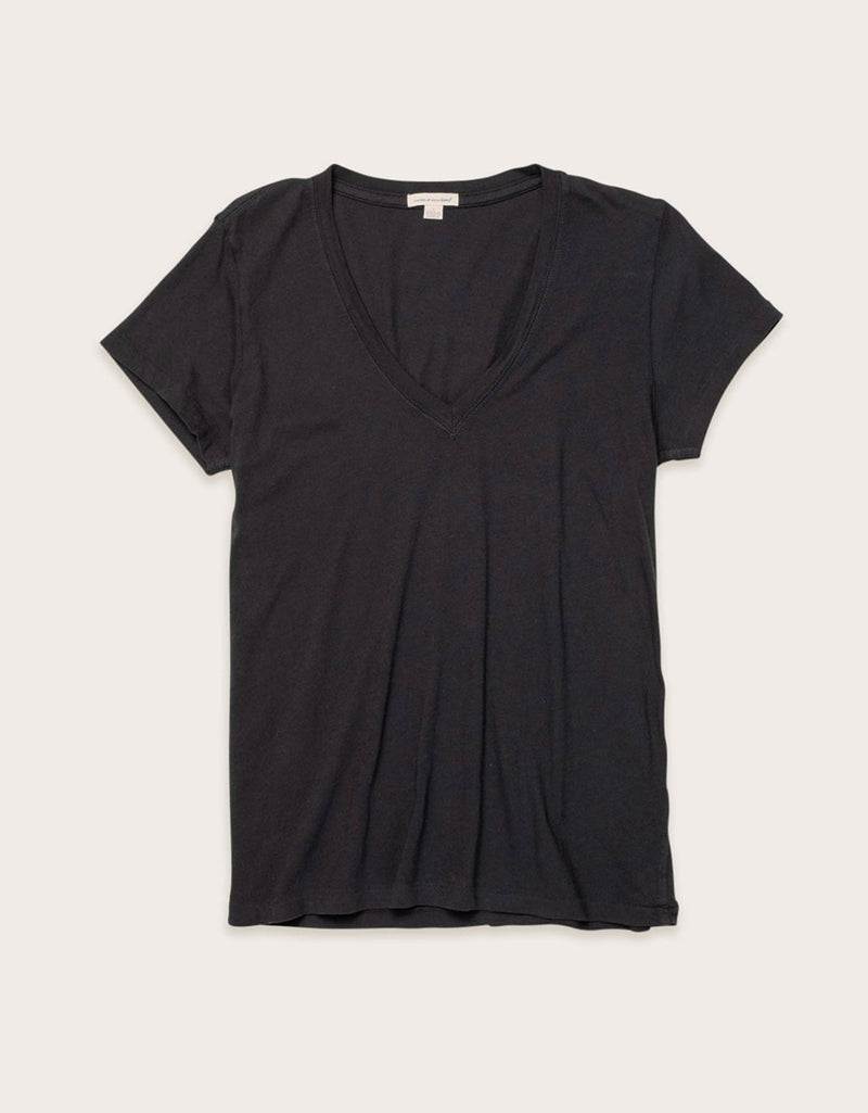 Black V-neck t-shirt on a light gray background