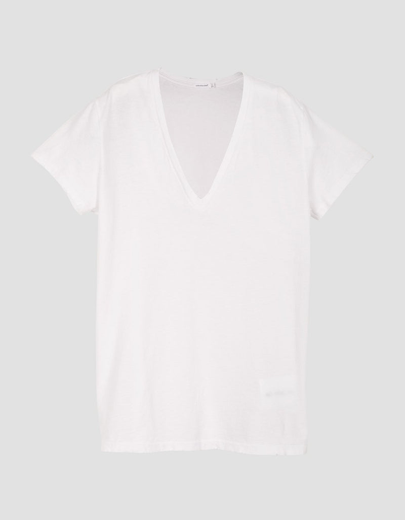 V-neck white t-shirt on a light gray background