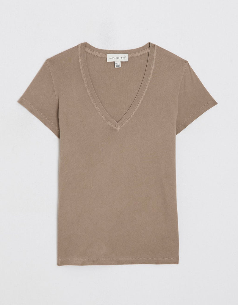 Light brown V-neck t-shirt on a light gray background