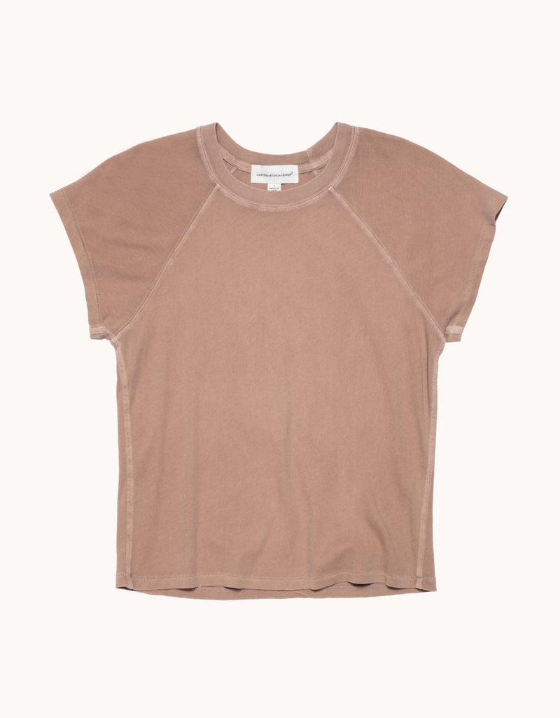 Cappuccino brown t-shirt with raglan sleeves on a white background