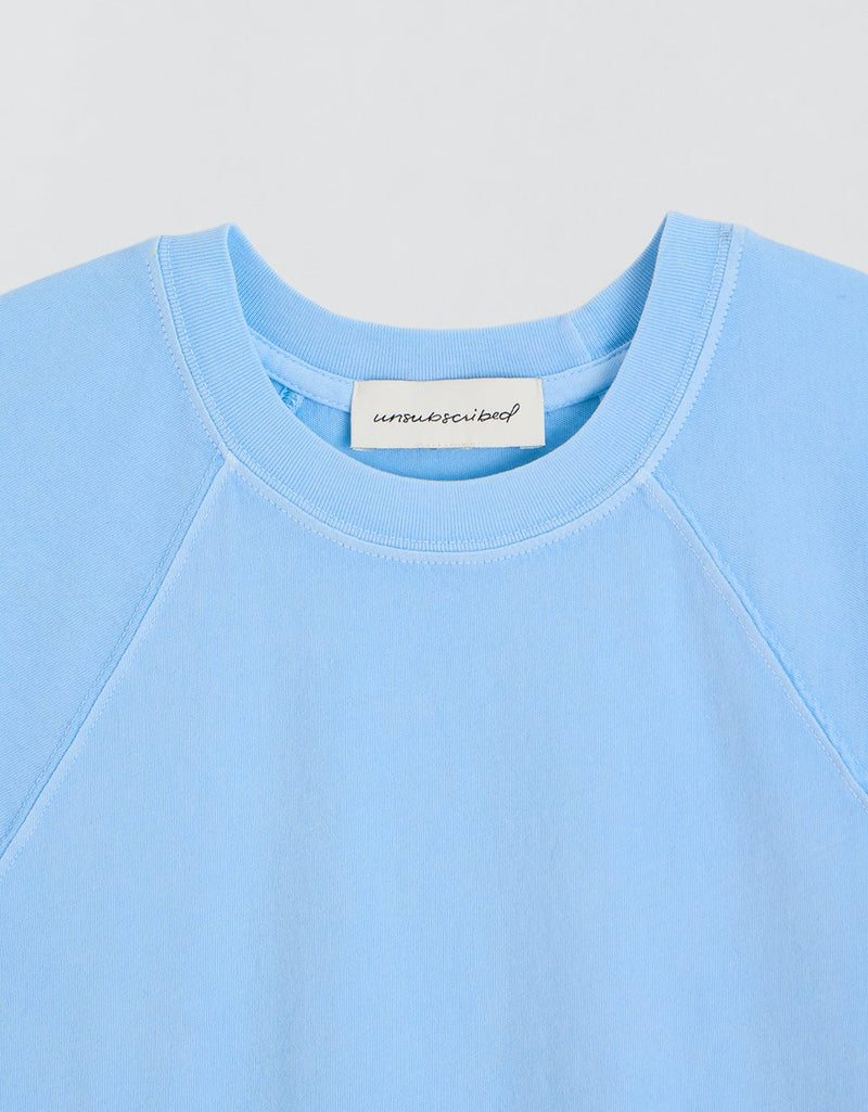 Close-up of a light blue t-shirt with a brand label on a light gray background
