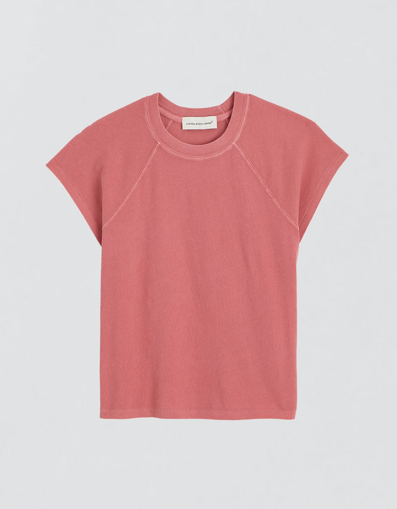 Brick red raglan t-shirt on a light gray background