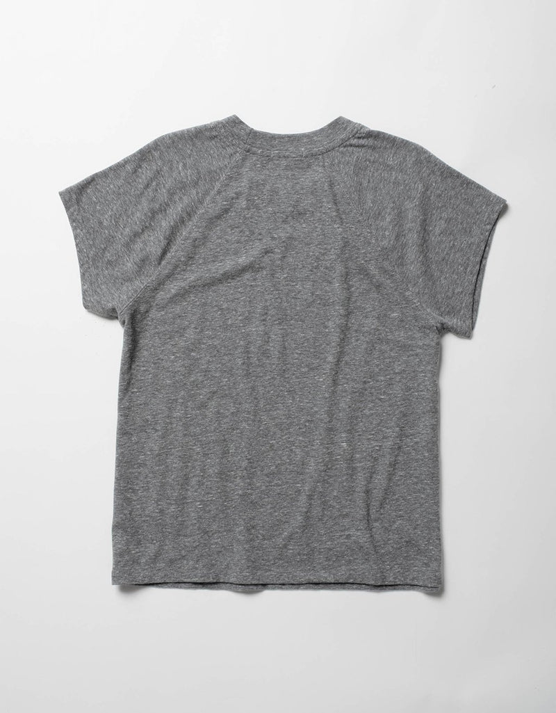 Back view of a heather gray raglan t-shirt on a white background