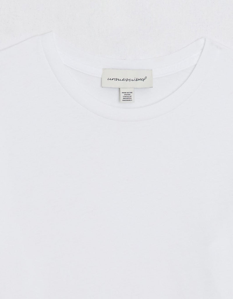 White t-shirt with an unsubscribed brand label on a white background