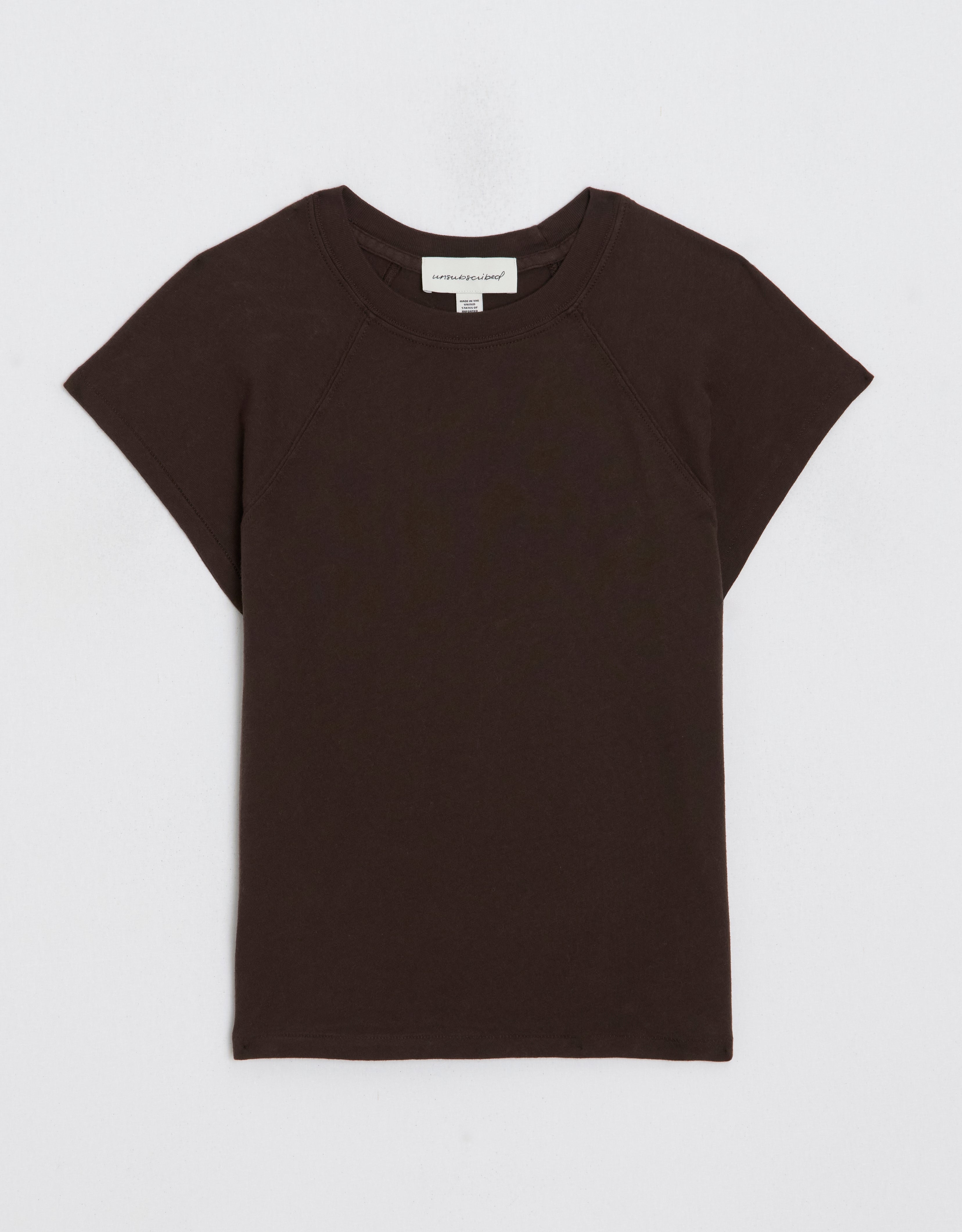 Dark brown raglan t-shirt on a light gray background