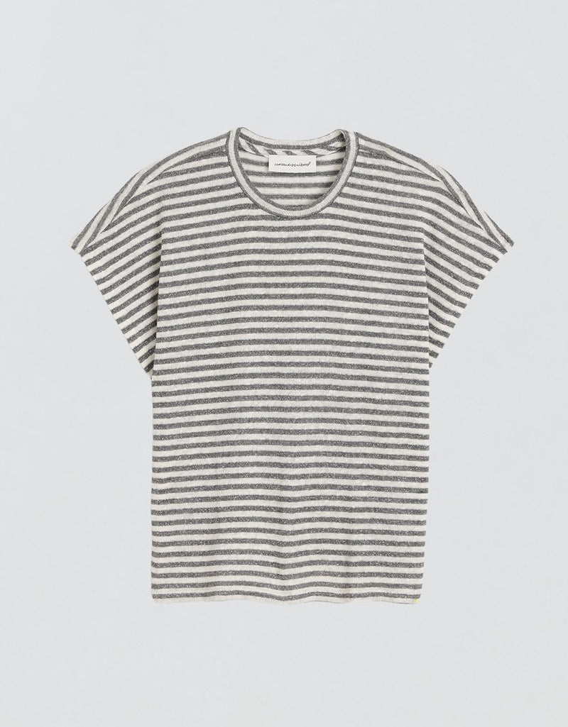 Grey and white striped t-shirt with metallic accents on a light gray background