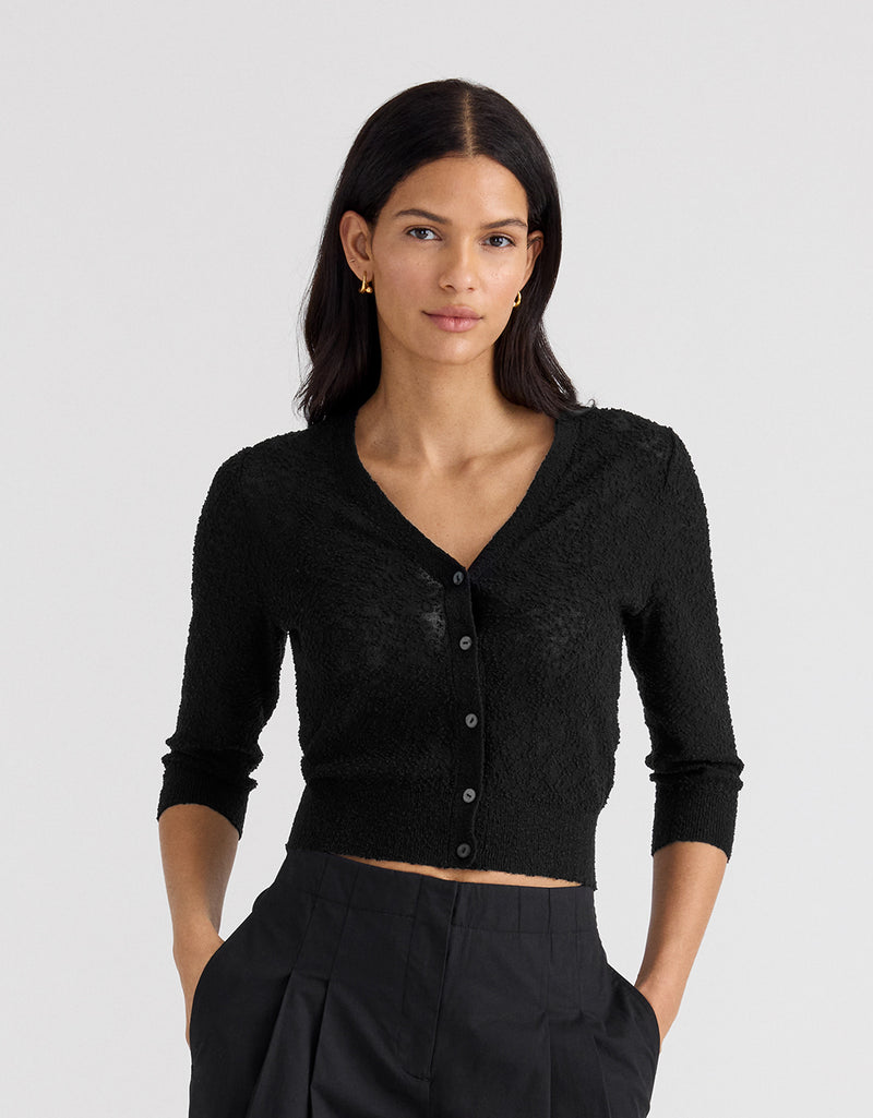 Unsubscribed Bouclé Elbow-sleeve Cardigan