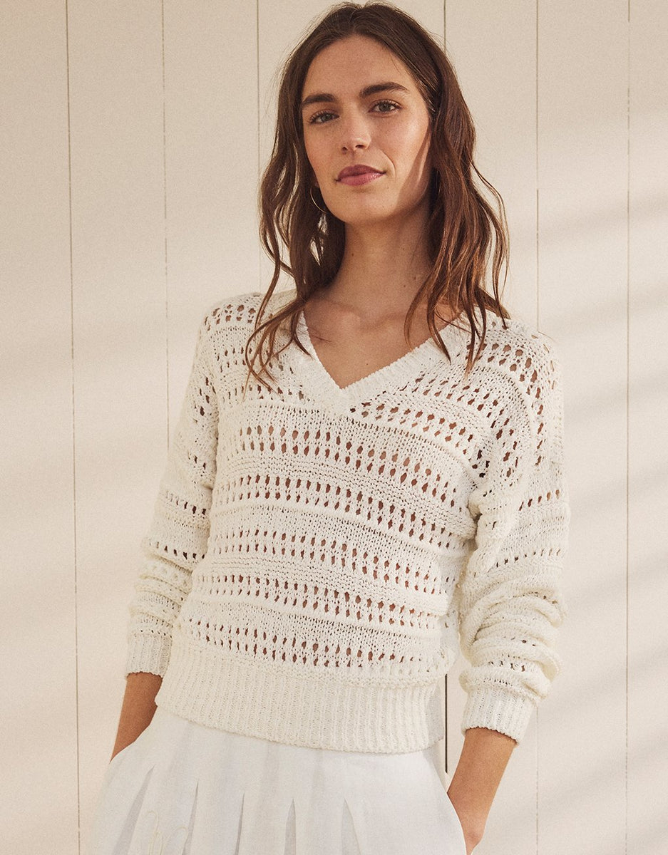 Unsubscribed Tape Yarn V-Neck Sweater in White