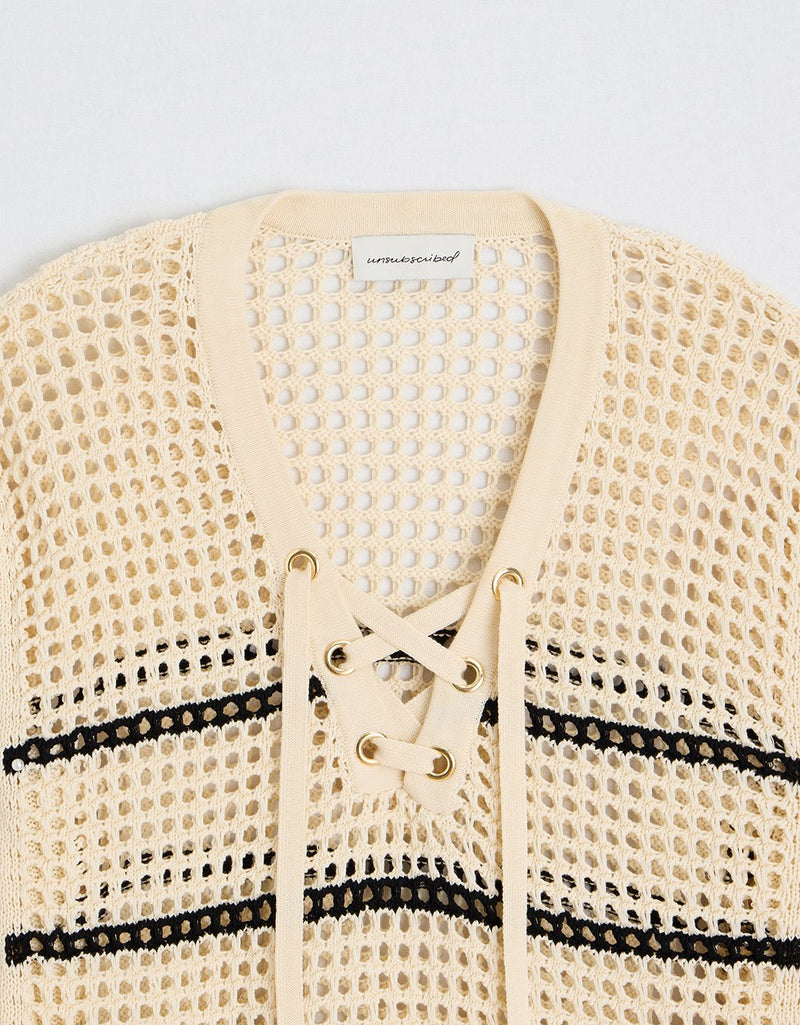 Unsubscribed Lace-Up Open-Stitch Sweater