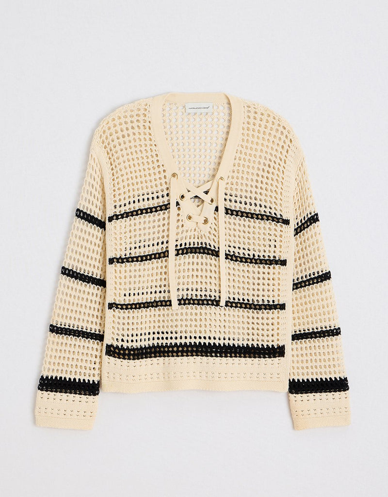 Unsubscribed Lace-Up Open-Stitch Sweater