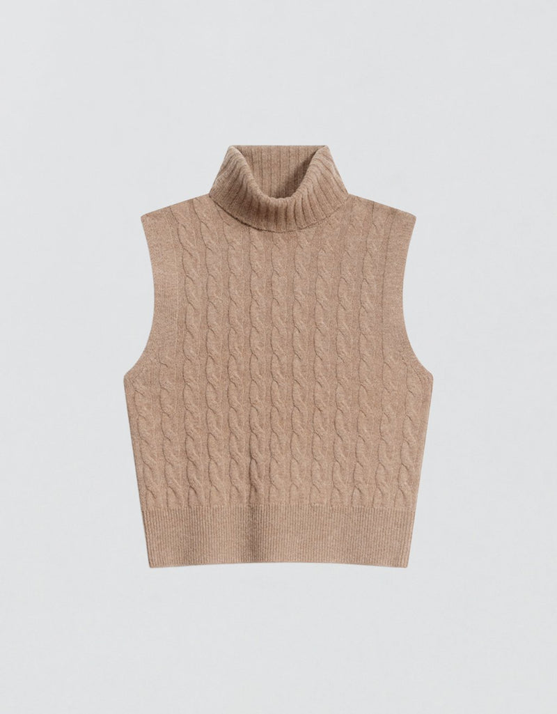 Camel knit sleeveless turtleneck sweater on a light gray background