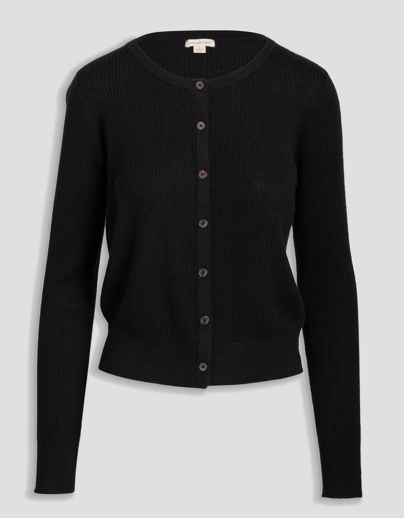 Black ribbed cashmere button down cardigan on a light gray background