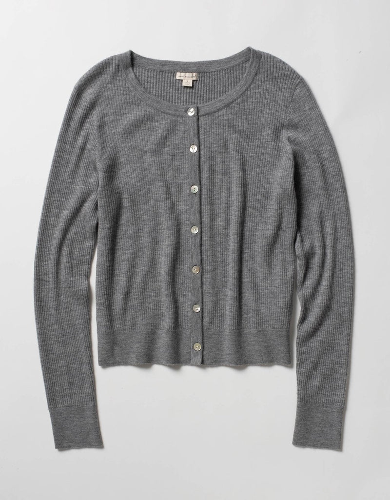 Gray ribbed cashmere button down cardigan on a light gray background