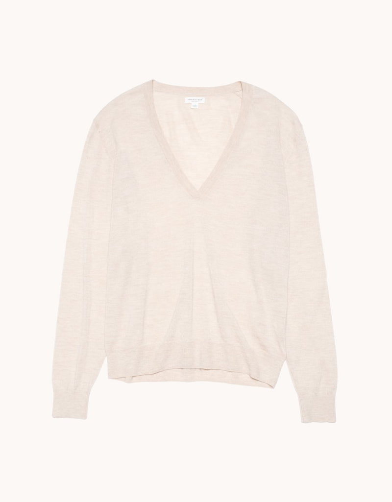 Beige cashmere V-neck sweater on a white background