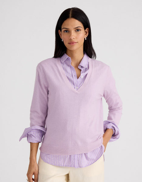 Unsubscribed Whisper-Weight Cashmere V-Neck Sweater in Lilac Mist