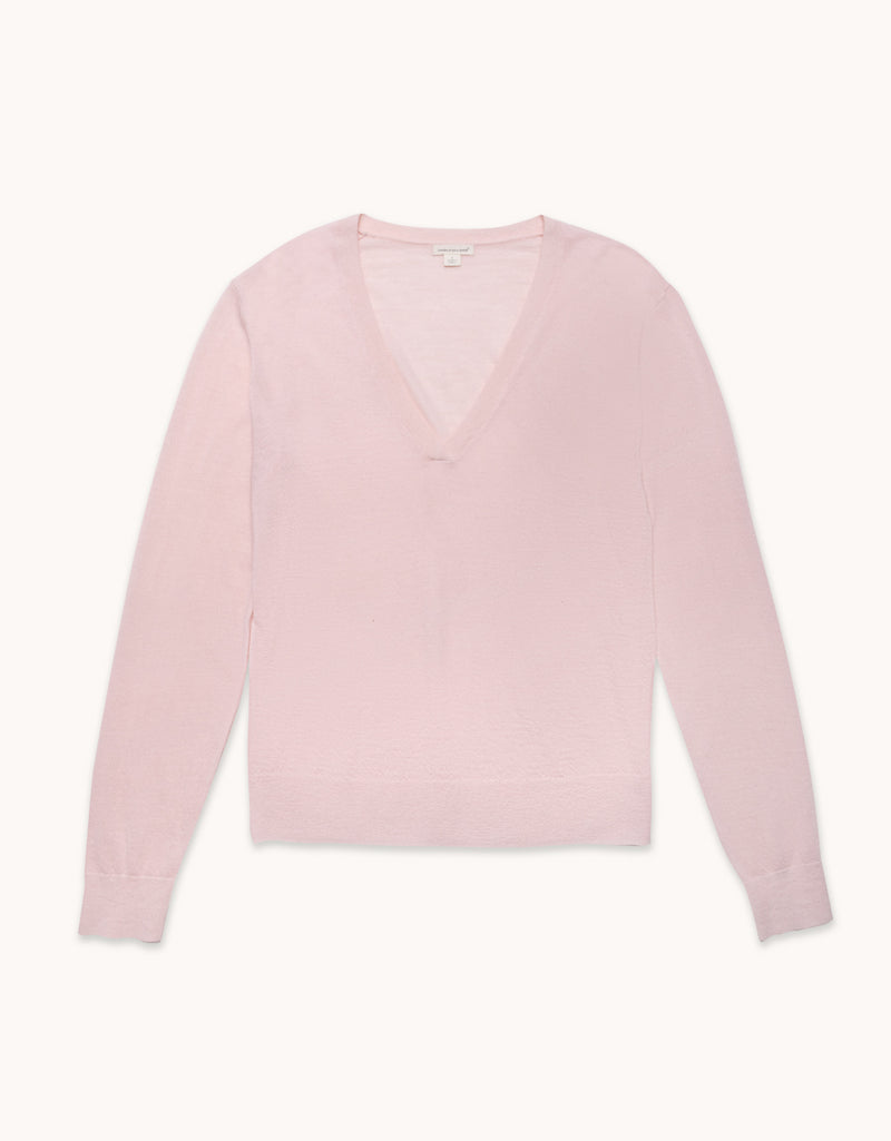 Light pink cashmere V-neck sweater on a white background