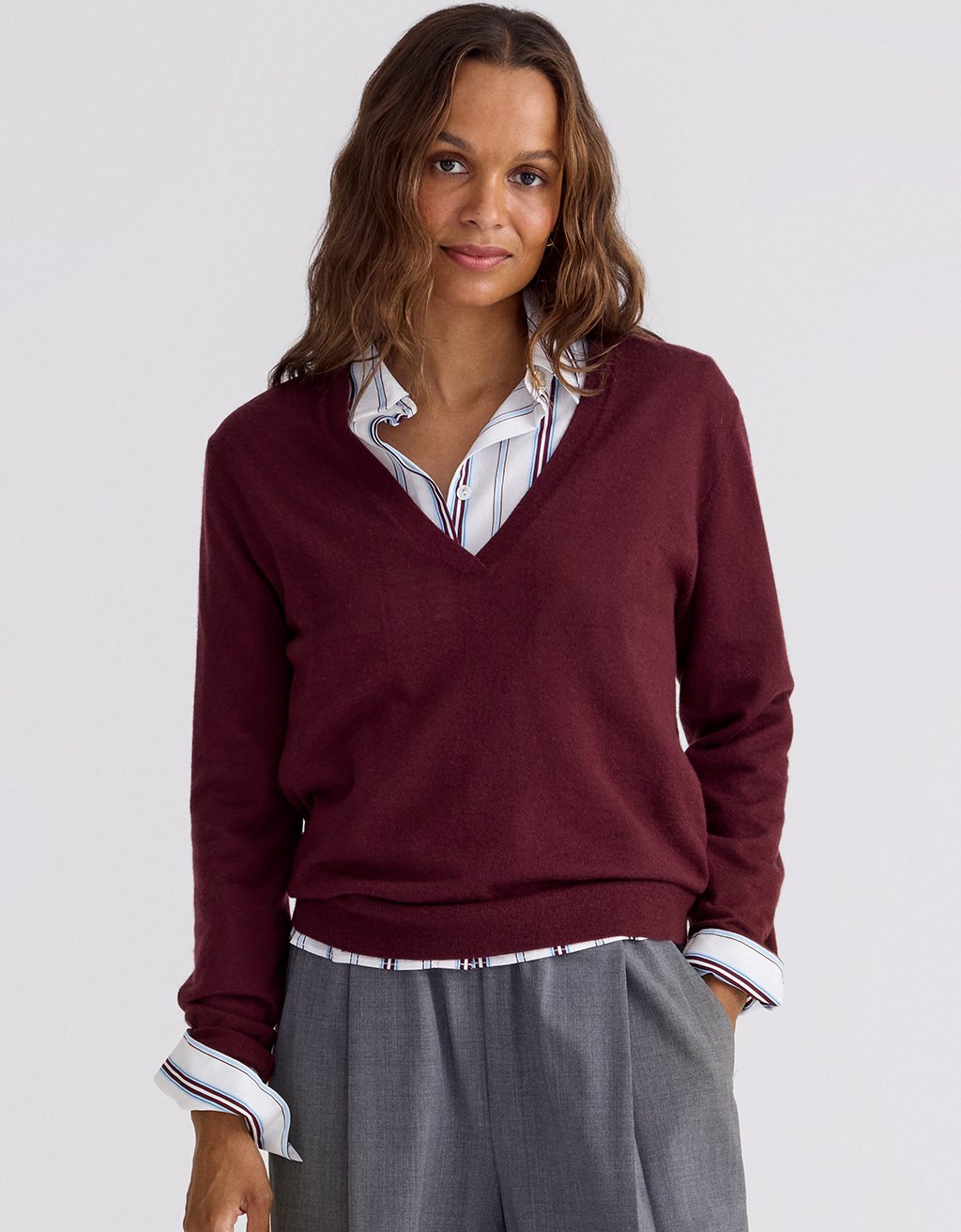 Unsubscribed Whisper-Weight Cashmere V-Neck Sweater in Royal Berry