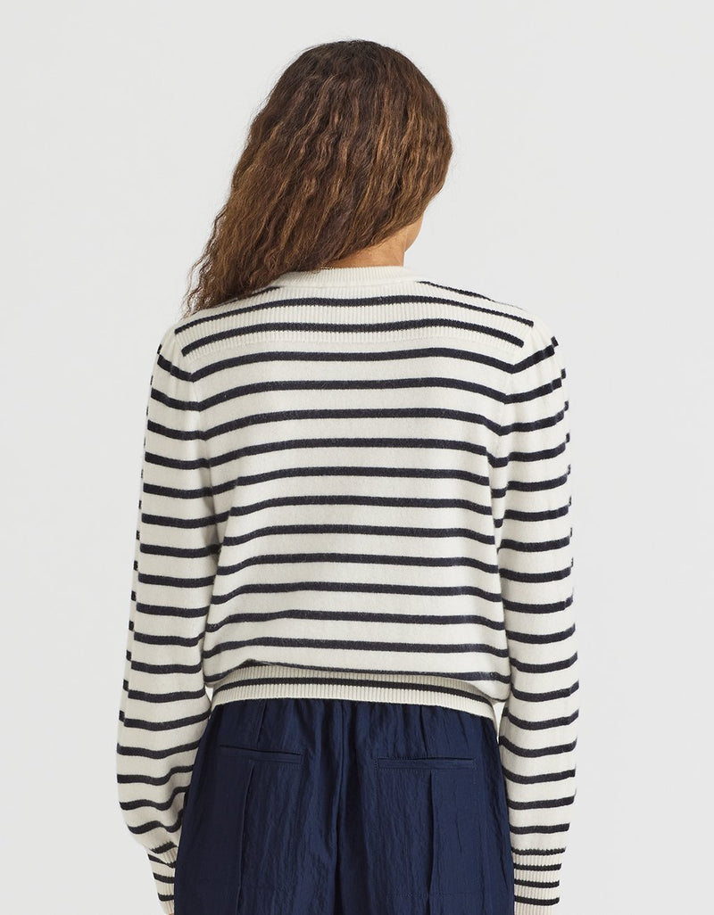 Unsubscribed Everyday-Weight Cashmere Puff-Sleeve Sweater in Stripe