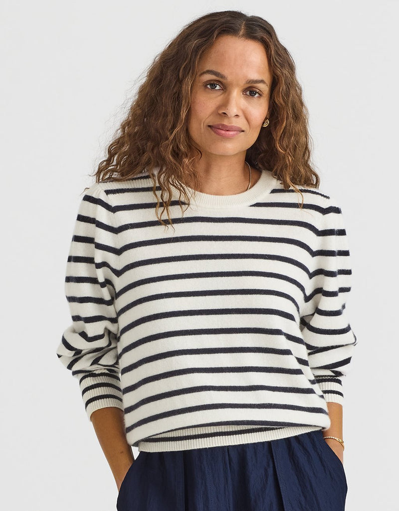 Unsubscribed Everyday-Weight Cashmere Puff-Sleeve Sweater in Stripe
