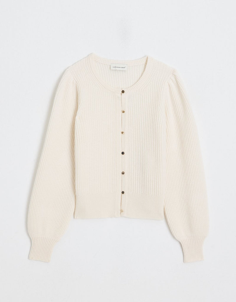 Ivory cashmere puff sleeve cardigan on a light gray background