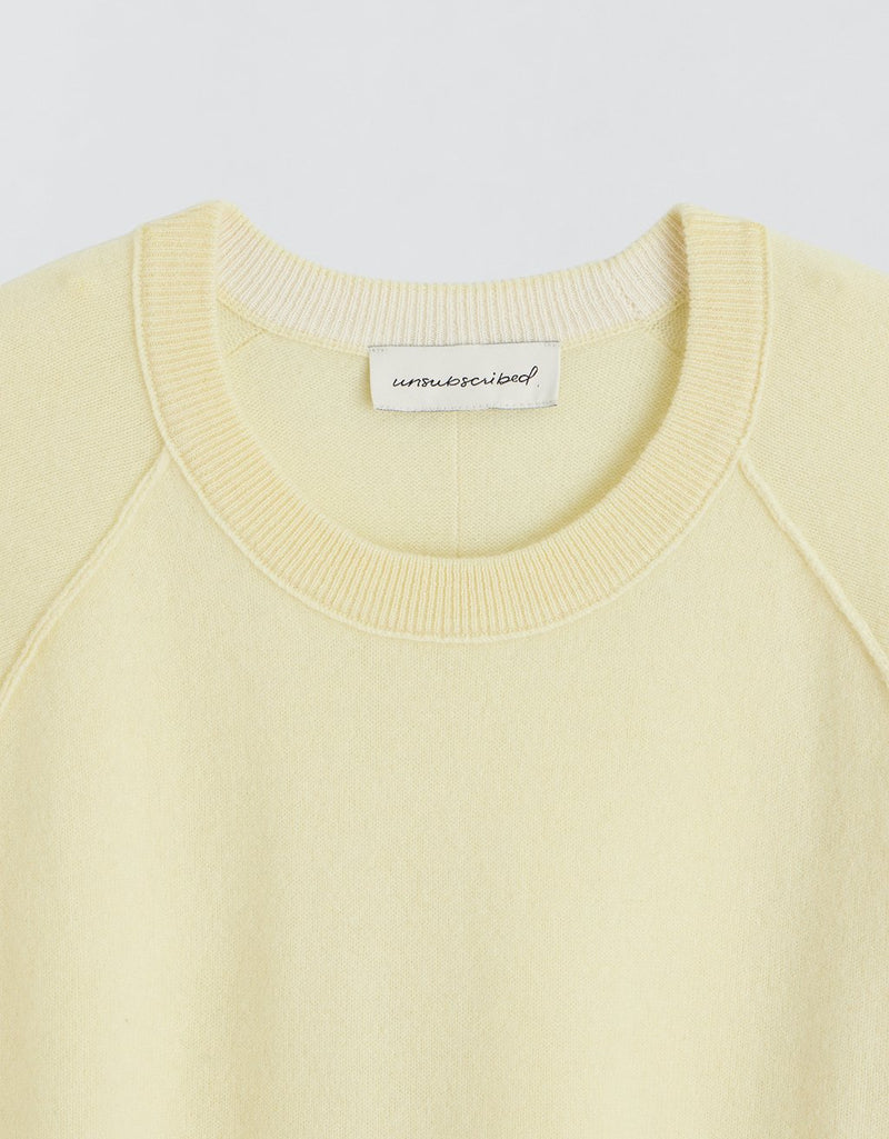 Close-up of a light yellow cashmere sweater with brand label and ribbed neckline on a light gray background