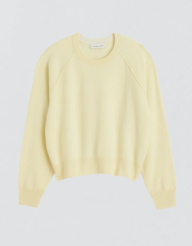 Light yellow cashmere raglan sweater on a light gray background