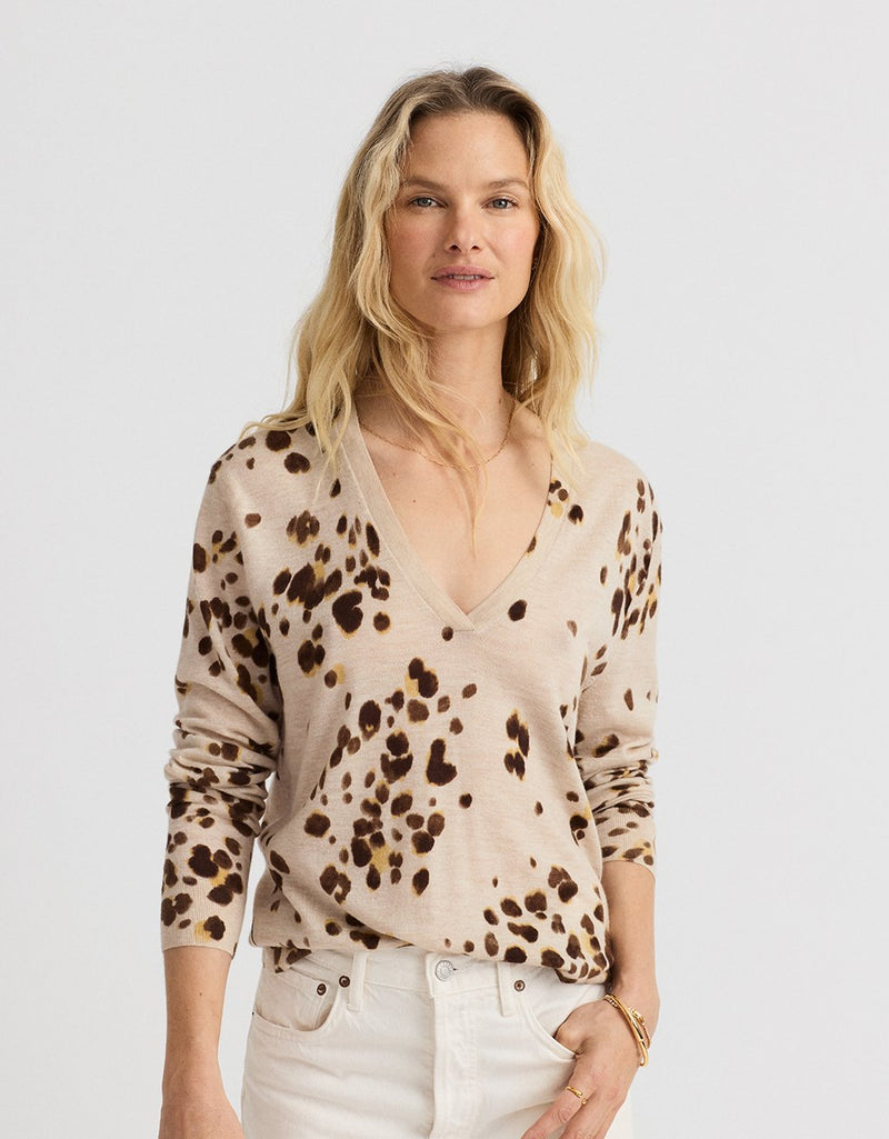 Unsubscribed Printed Whisper-Weight Cashmere V-Neck Sweater