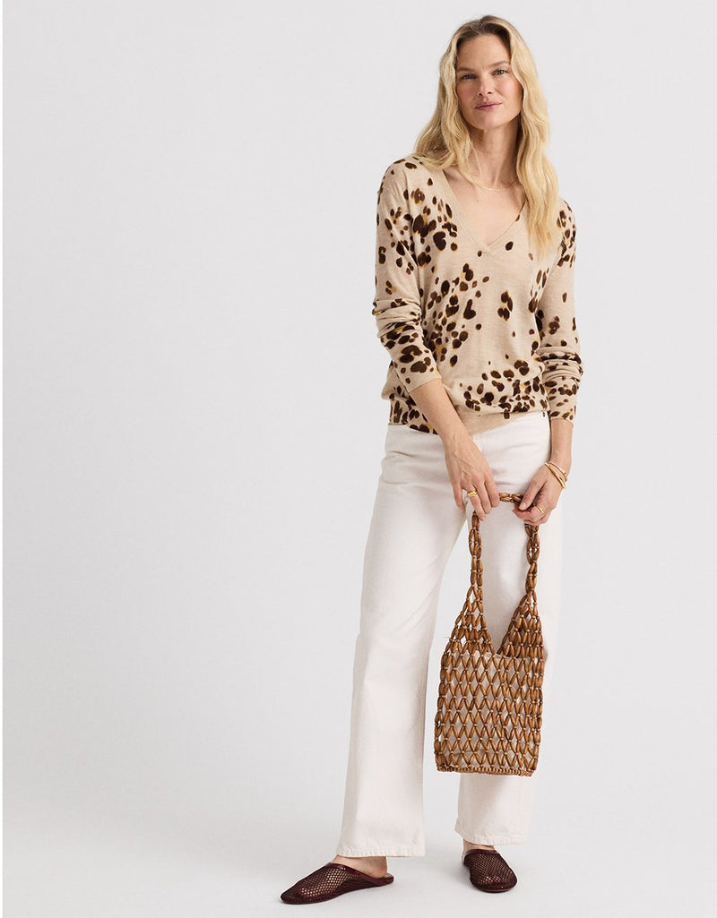 Unsubscribed Printed Whisper-Weight Cashmere V-Neck Sweater