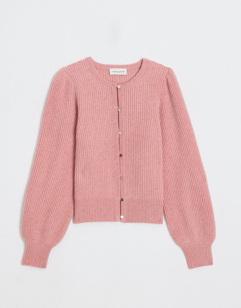 Pink cashmere puff sleeve cardigan with gold buttons on a light gray background