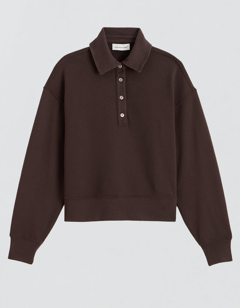 Dark brown polo sweatshirt with button details on a light gray background