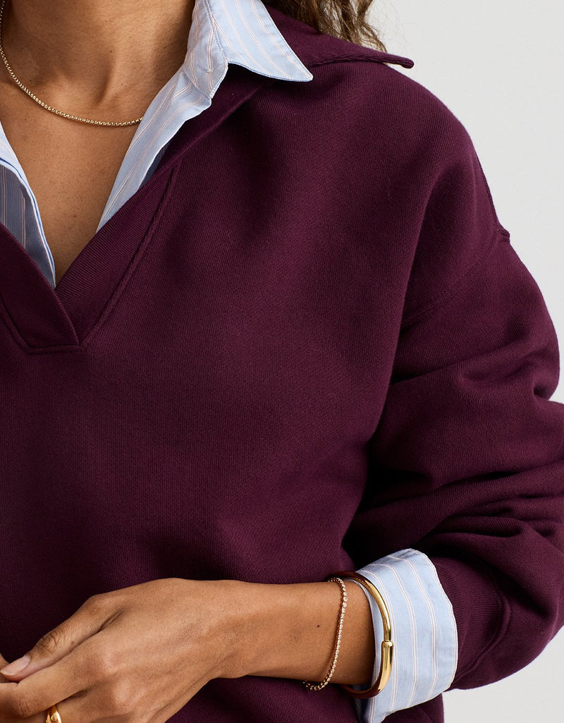 Close-up of a person wearing a burgundy sweater with a stripe shirt underneath, on a light gray background.