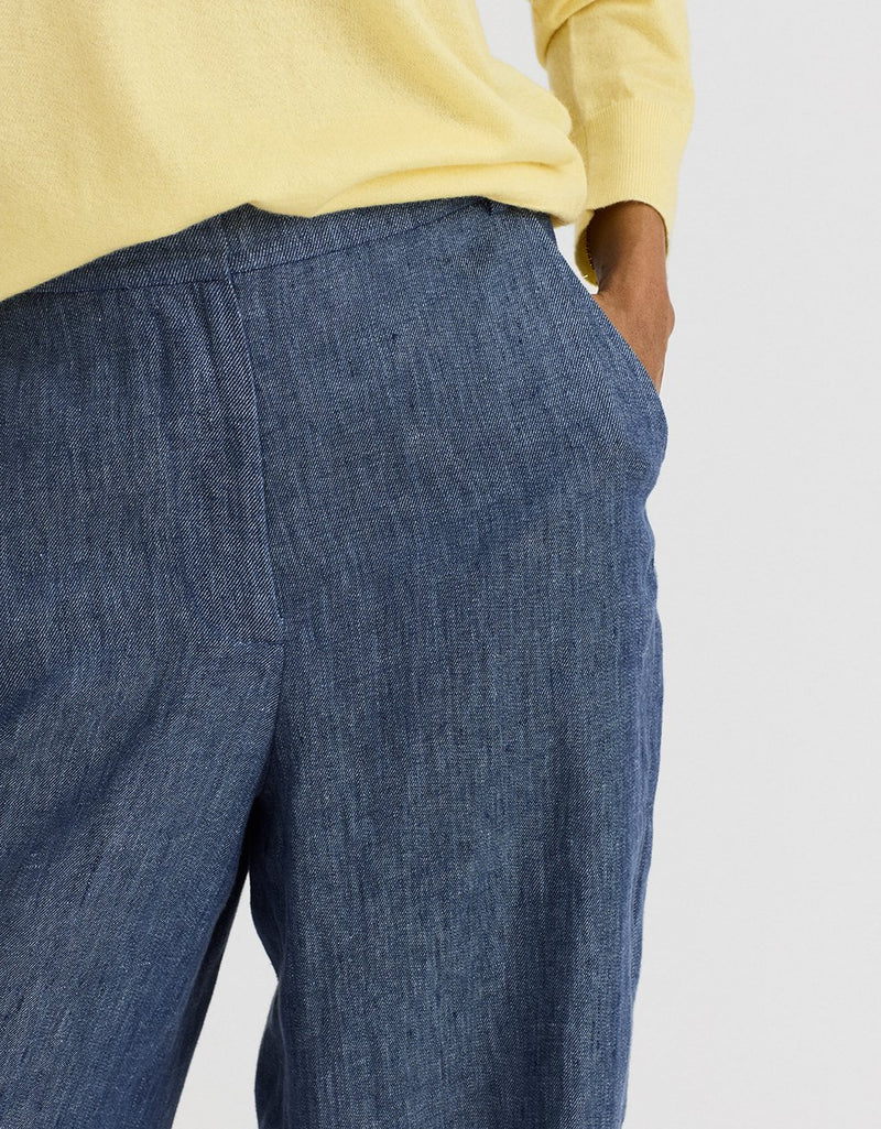 Person wearing blue hemp wide-leg pants and a yellow top on a light gray background